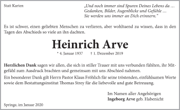 Traueranzeige von Heinrich Arve 