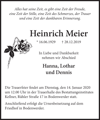 Traueranzeige von Heinrich Meier von Deister- und Weserzeitung