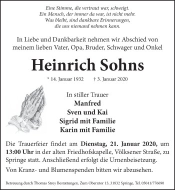 Traueranzeige von Heinrich Sohns von Neue Deister-Zeitung