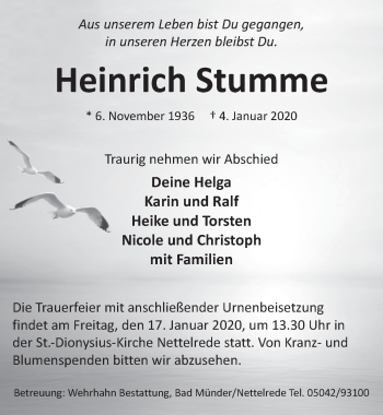 Traueranzeige von Heinrich Stumme von Neue Deister-Zeitung
