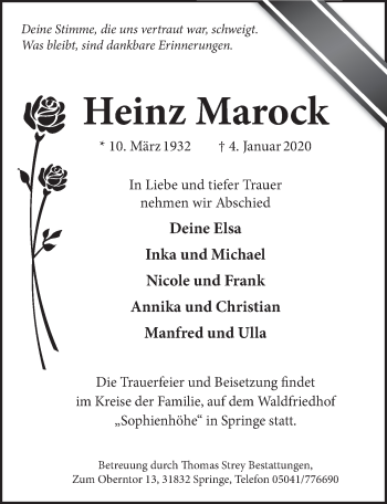 Traueranzeige von Heinz Marock von Neue Deister-Zeitung
