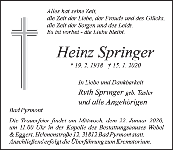 Traueranzeige von Heinz Springer von Deister- und Weserzeitung
