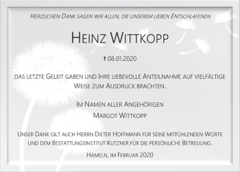 Traueranzeige von Heinz Wittkopp von Deister- und Weserzeitung