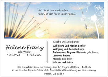 Traueranzeige von Helene Franz von Deister- und Weserzeitung