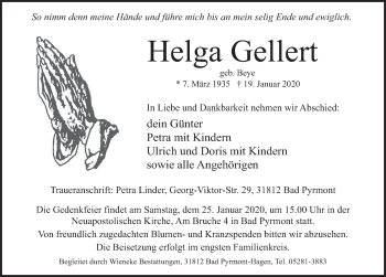 Traueranzeige von Helga Gellert von Deister- und Weserzeitung