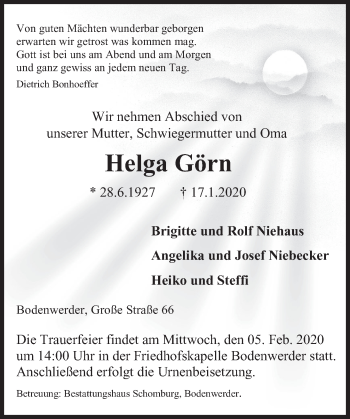 Traueranzeige von Helga Görn von Deister- und Weserzeitung