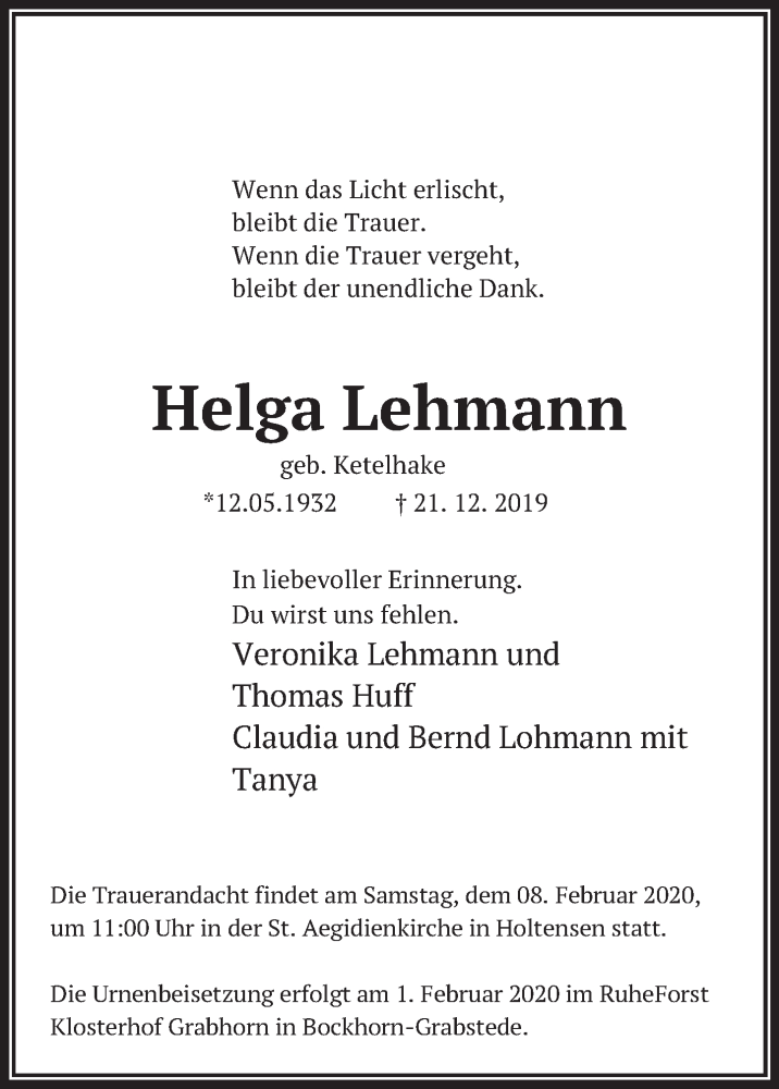  Traueranzeige für Helga Lehmann vom 01.02.2020 aus Deister- und Weserzeitung
