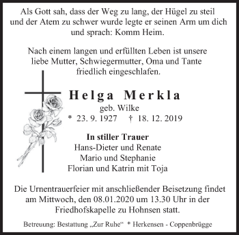 Traueranzeige von Helga Merkla von Deister- und Weserzeitung