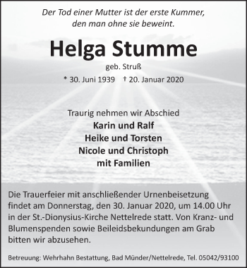 Traueranzeige von Helga Stumme von Neue Deister-Zeitung