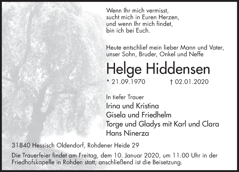  Traueranzeige für Helge Hiddensen vom 04.01.2020 aus Deister- und Weserzeitung