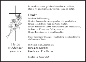 Traueranzeige von Helge Hiddensen von Deister- und Weserzeitung