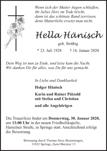 Traueranzeige von Hella Hänisch von Neue Deister-Zeitung
