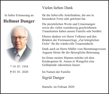 Traueranzeige von Hellmut Danger von Deister- und Weserzeitung