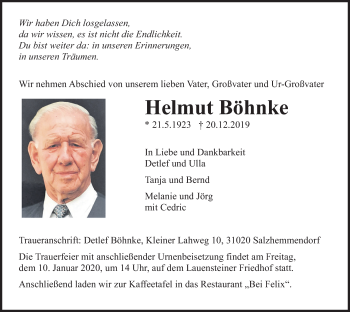 Traueranzeige von Helmut Böhnke von Deister- und Weserzeitung
