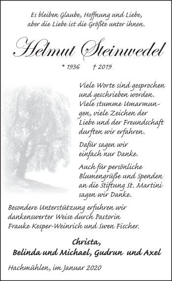 Traueranzeige von Helmut Steinwedel von Deister- und Weserzeitung