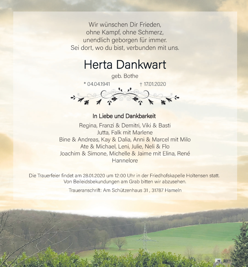  Traueranzeige für Herta Dankwart vom 25.01.2020 aus Deister- und Weserzeitung