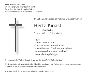 Traueranzeige von Herta Kinast von Deister- und Weserzeitung