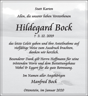 Traueranzeige von Hildegard Bock von Deister- und Weserzeitung