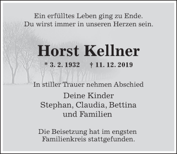 Traueranzeige von Horst Kellner von Deister- und Weserzeitung