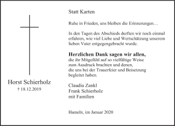 Traueranzeige von Horst Schierholz von Deister- und Weserzeitung