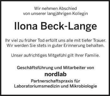 Traueranzeige von Ilona Beck-Lange von Deister- und Weserzeitung