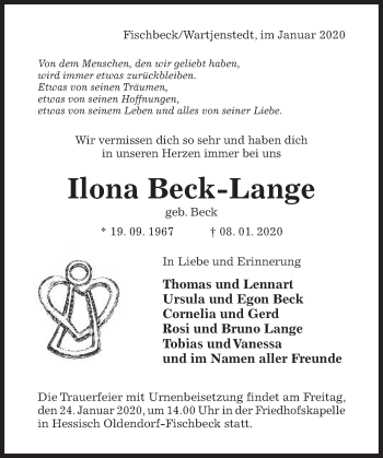 Traueranzeige von Ilona Beck-Lange von Deister- und Weserzeitung