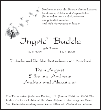 Traueranzeige von Ingrid Budde von Deister- und Weserzeitung