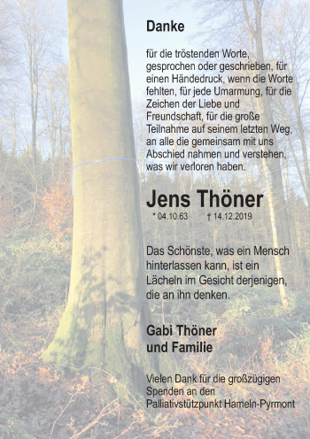 Traueranzeige von Jens Thöner von Deister- und Weserzeitung