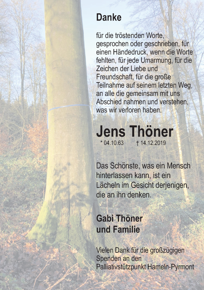  Traueranzeige für Jens Thöner vom 11.01.2020 aus Deister- und Weserzeitung
