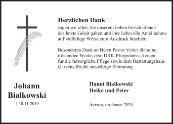 Traueranzeige von Johann Bialkowski von Deister- und Weserzeitung