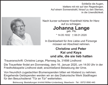 Traueranzeigen von Johanna Lange | Trauerportal Ihrer Tageszeitung
