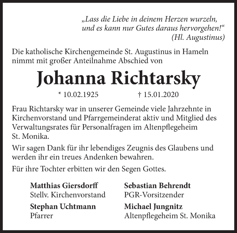  Traueranzeige für Johanna Richtarsky vom 25.01.2020 aus Deister- und Weserzeitung