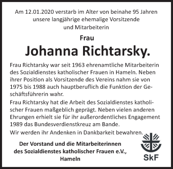 Traueranzeige von Johanna Richtarsky von Deister- und Weserzeitung