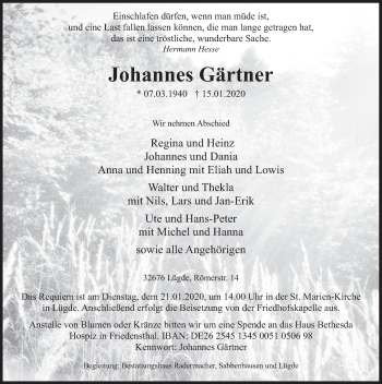 Traueranzeige von Johannes Gärtner von Deister- und Weserzeitung