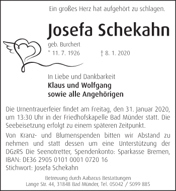 Traueranzeige von Josefa Schekahn von Neue Deister-Zeitung