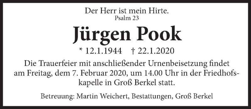  Traueranzeige für Jürgen Pook vom 01.02.2020 aus Deister- und Weserzeitung
