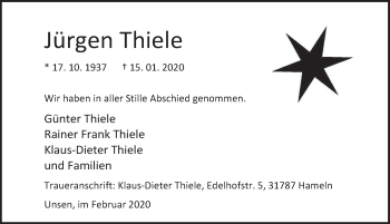 Traueranzeige von Jürgen Thiele von Deister- und Weserzeitung