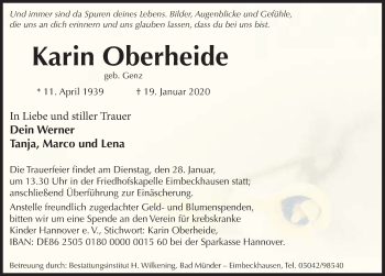 Traueranzeige von Karin Oberheide von Deister- und Weserzeitung