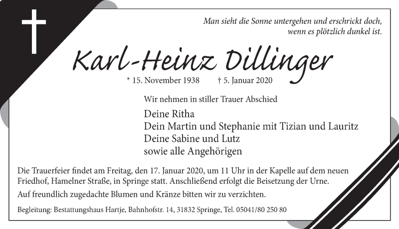  Traueranzeige für Karl-Heinz Dillinger vom 11.01.2020 aus Neue Deister-Zeitung