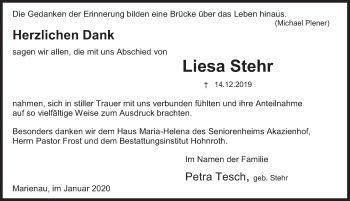 Traueranzeige von Liesa Stehr von Deister- und Weserzeitung