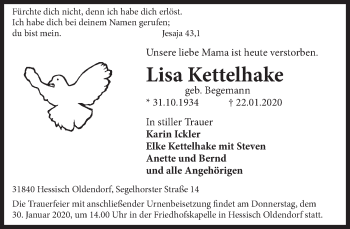 Traueranzeige von Lisa Kettelhake von Deister- und Weserzeitung