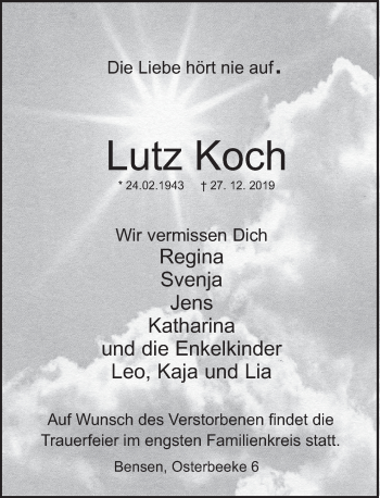 Traueranzeige von Lutz Koch von Deister- und Weserzeitung