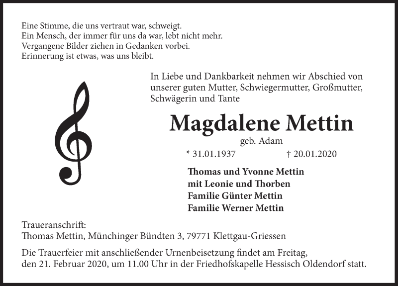  Traueranzeige für Magdalene Mettin vom 15.02.2020 aus Deister- und Weserzeitung