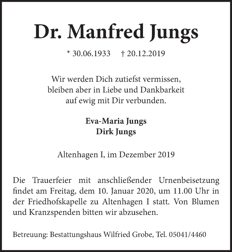  Traueranzeige für Manfred Jungs vom 06.01.2020 aus Neue Deister-Zeitung