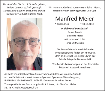 Traueranzeige von Manfred Meier von Deister- und Weserzeitung