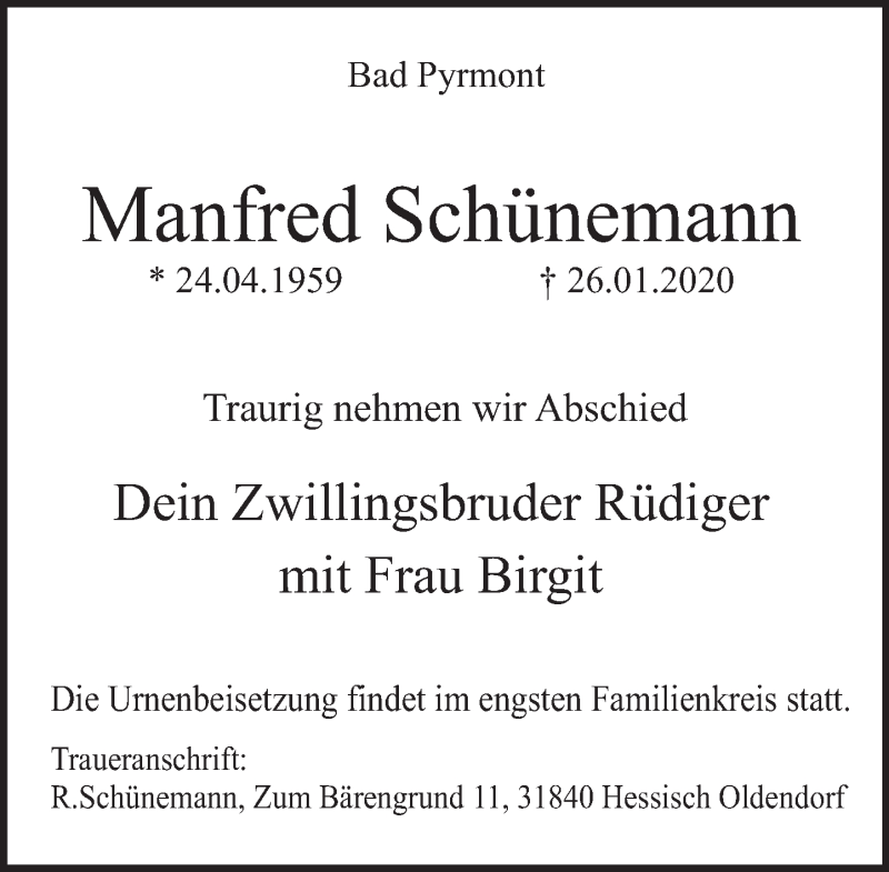  Traueranzeige für Manfred Schünemann vom 01.02.2020 aus Deister- und Weserzeitung
