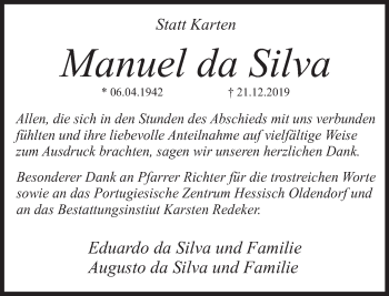 Traueranzeige von Manuel da Silva von Deister- und Weserzeitung