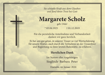 Traueranzeige von Margarete Scholz von Deister- und Weserzeitung