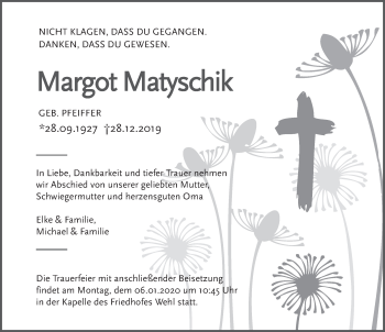Traueranzeige von Margot Matyschik von Deister- und Weserzeitung