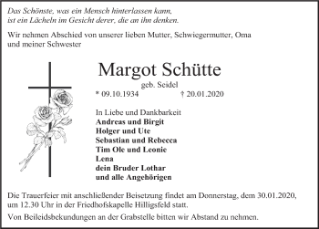 Traueranzeige von Margot Schütte von Deister- und Weserzeitung